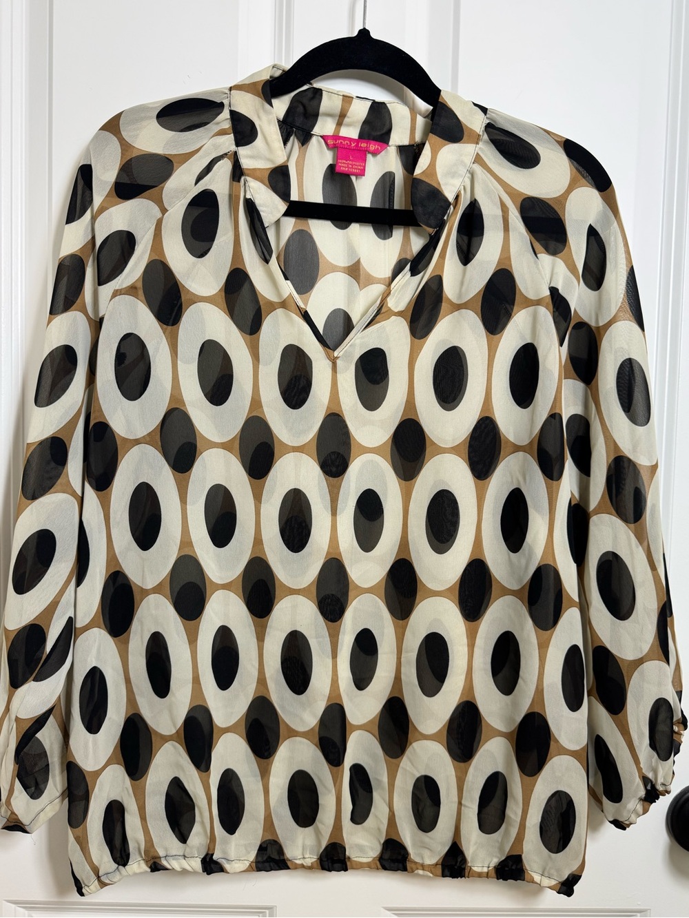 Sunny Leigh Sheer Mod Circle Print Blouse Women’s Large Retro Geometric Top